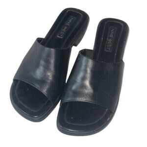 Y2K Black Nine West Leather Platform Slides Sandal Womens 7 Open Toe 1.5" Heel